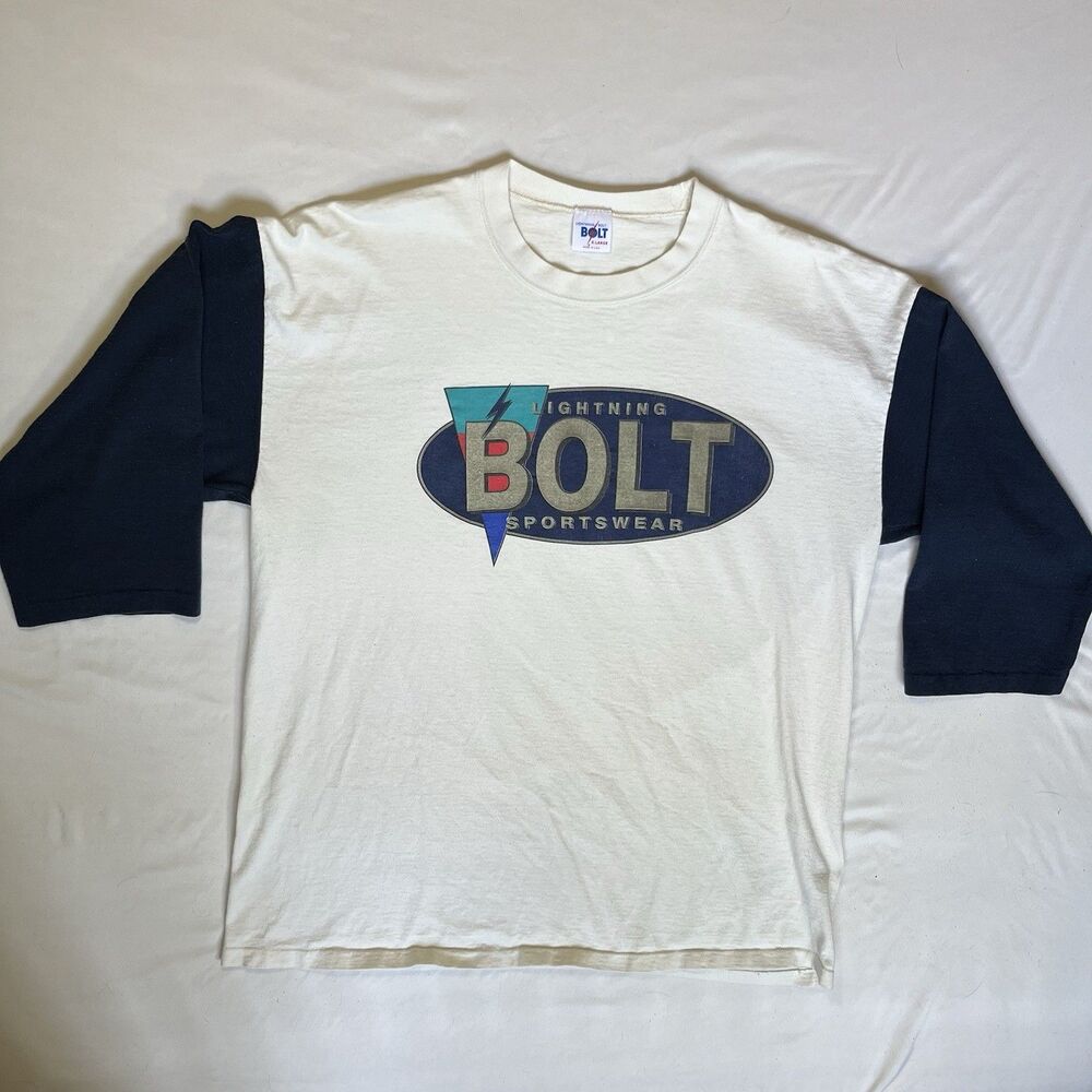 Vtg Lightning Bolt Surf Shirt XL Single Stitch Raglan 3/4 Made in USA 80s 90s